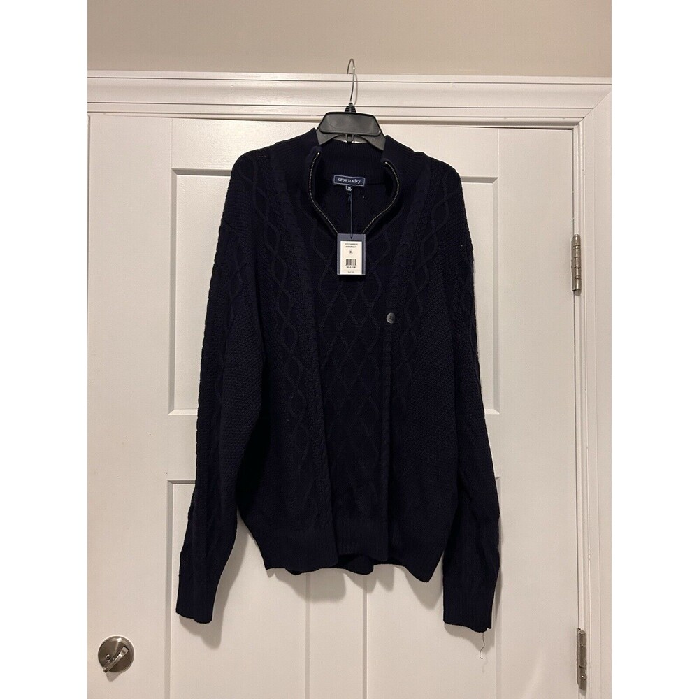 Crown And Ivy Sweater Navy Blue Cable Knit 1/4 Zip Pullover Sweater Men Size XL